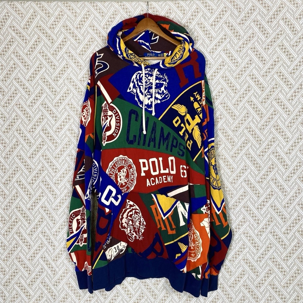 Polo Ralph Lauren Mens 3XLT Pennant Hoodie All Over Print Varsity Sweatshirt NWT - Picture 2 of 6